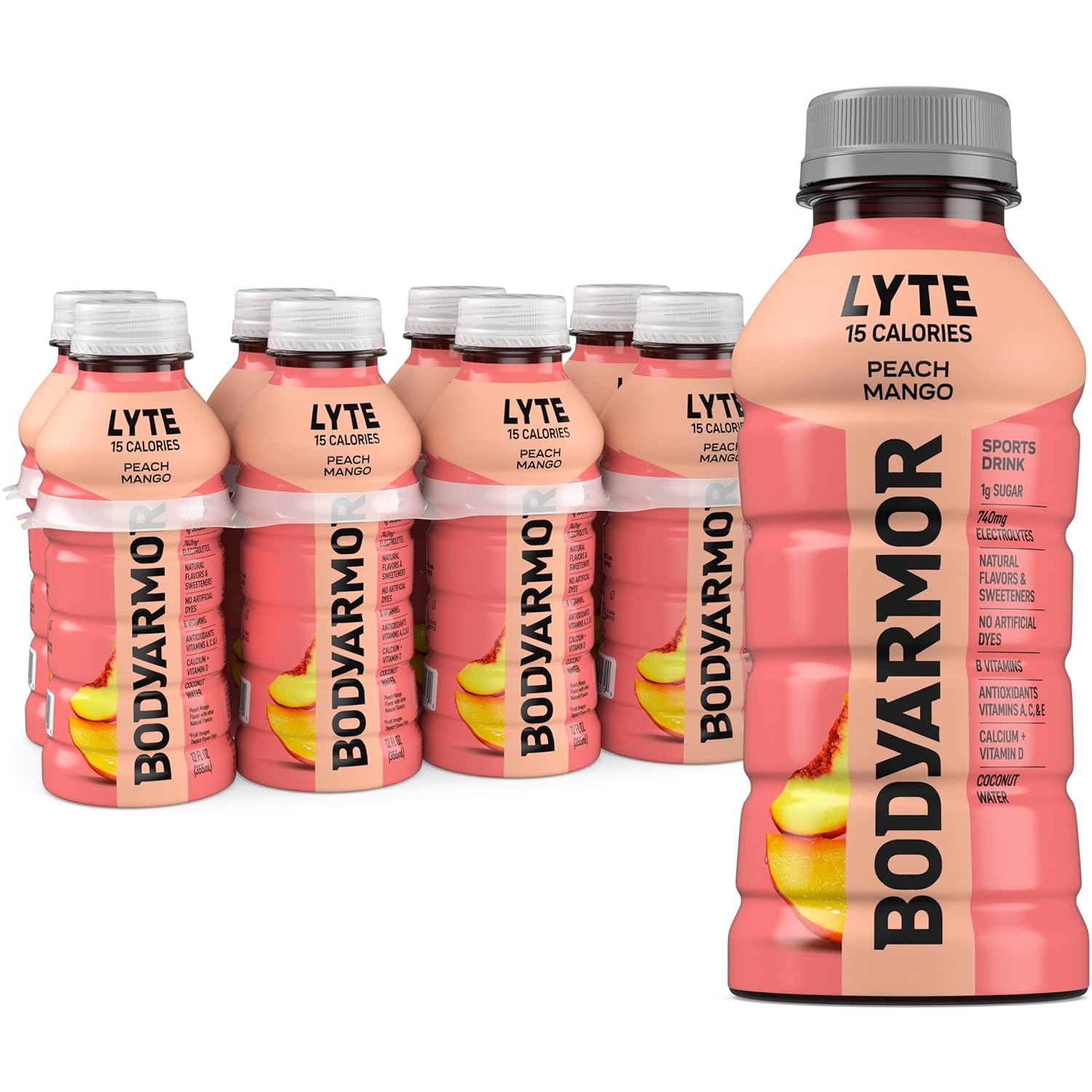 BODYARMOR LYTE, Peach Mango, Electrolyte Drink, 15 Calories, 12 Fl Oz Bottles (8 Pack), Coconut Water Sports Drink, Natural Flavor &amp; B Vitamins