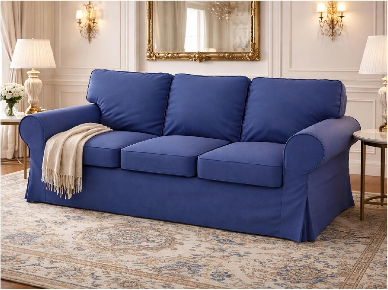 Premium Heavy Cotton Ektorp 3 Seat Sofa Cover Replacement Compatible with IKEA Ektorp Three Sofa Slipcover (Deep Blue)