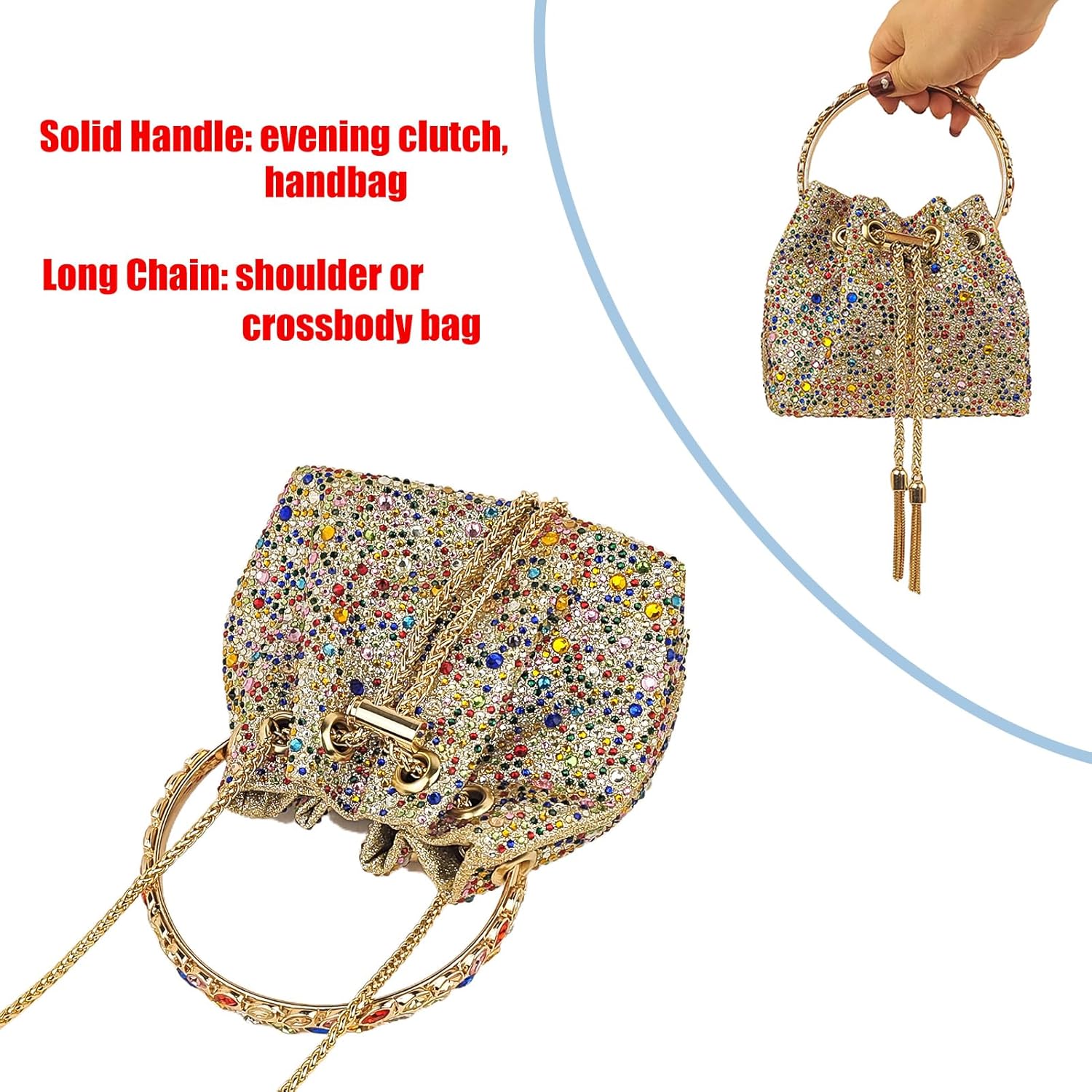 HUANG ZHUANG Colorful Crystal Soft Purse Sparkly Rhinestone Handbag Women Clutch Bling Party Crossbody Bag for Prom Cocktail