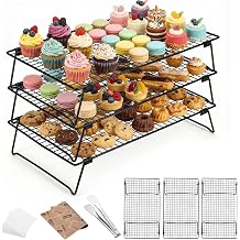 3 Tier Large Cooling Rack for Baking, 17 x 11 Inch Stackable Stainless Steel Wire Cooling Racks, Collapsible Cookie & Bread Cooling Rack with 150 Baking Papers and Stainless Steel Cake Tongs