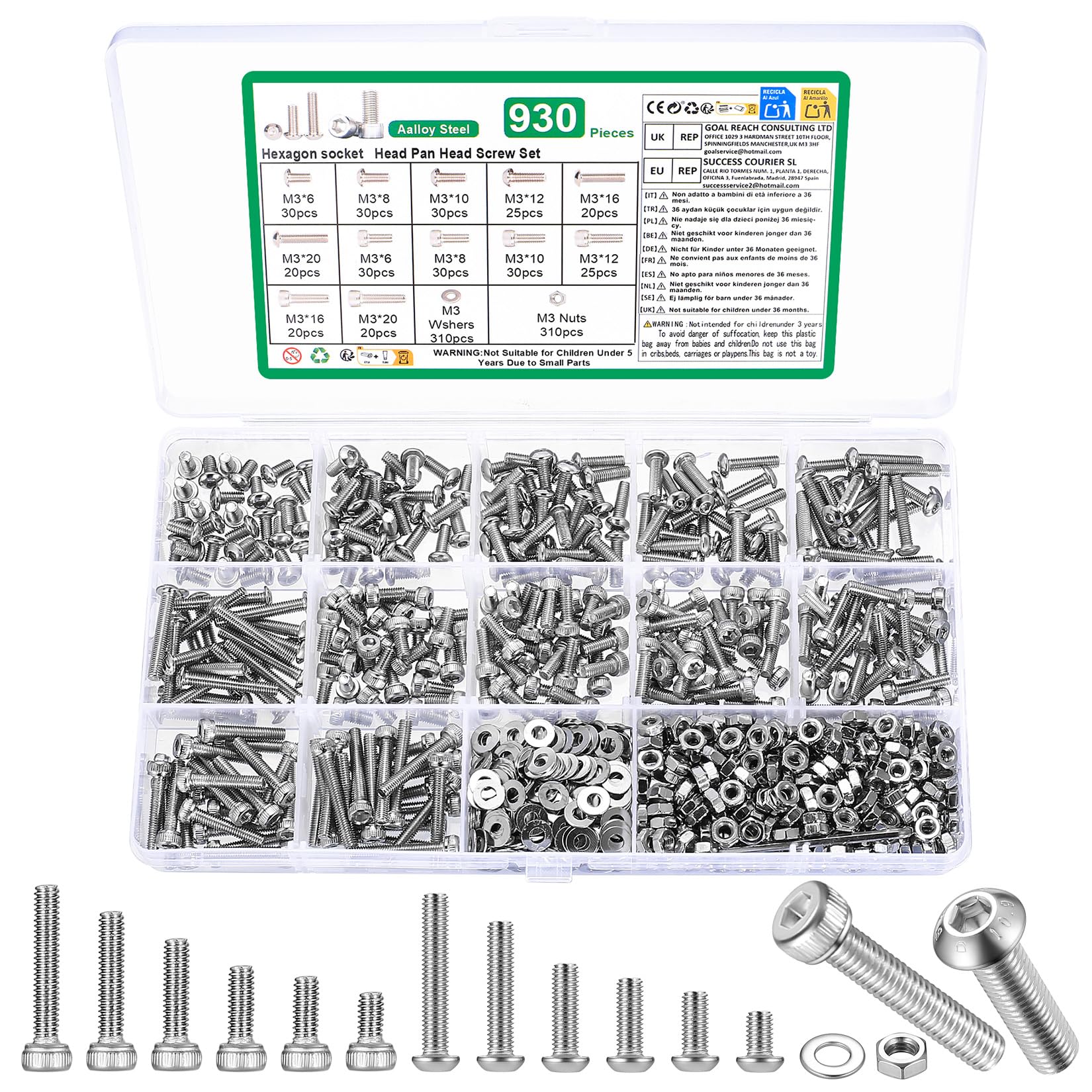 930 Pcs M3 Bolts and Nuts Set with Washers, Hex Socket Head Cap Screws bolts Set & Hex Socket Button head Cap Screws, Small Pan Head Machine Screws Bolts, 12.9 Grade/10.9 Grade Carbon Steel, silver