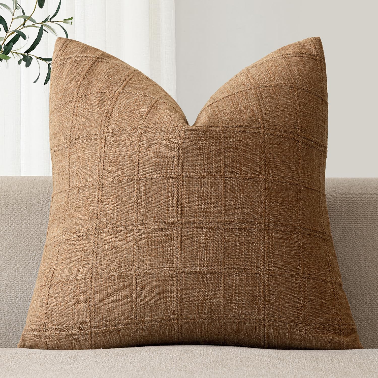 Foindtower Set of 1 Decorative Linen Check Throw Pillow Cover Neutral Farmhouse Vintage Cushion Cover Modern Boho Home Decor for Sofa Chair Couch Bedroom Living Room,24×24 Inch,Brick