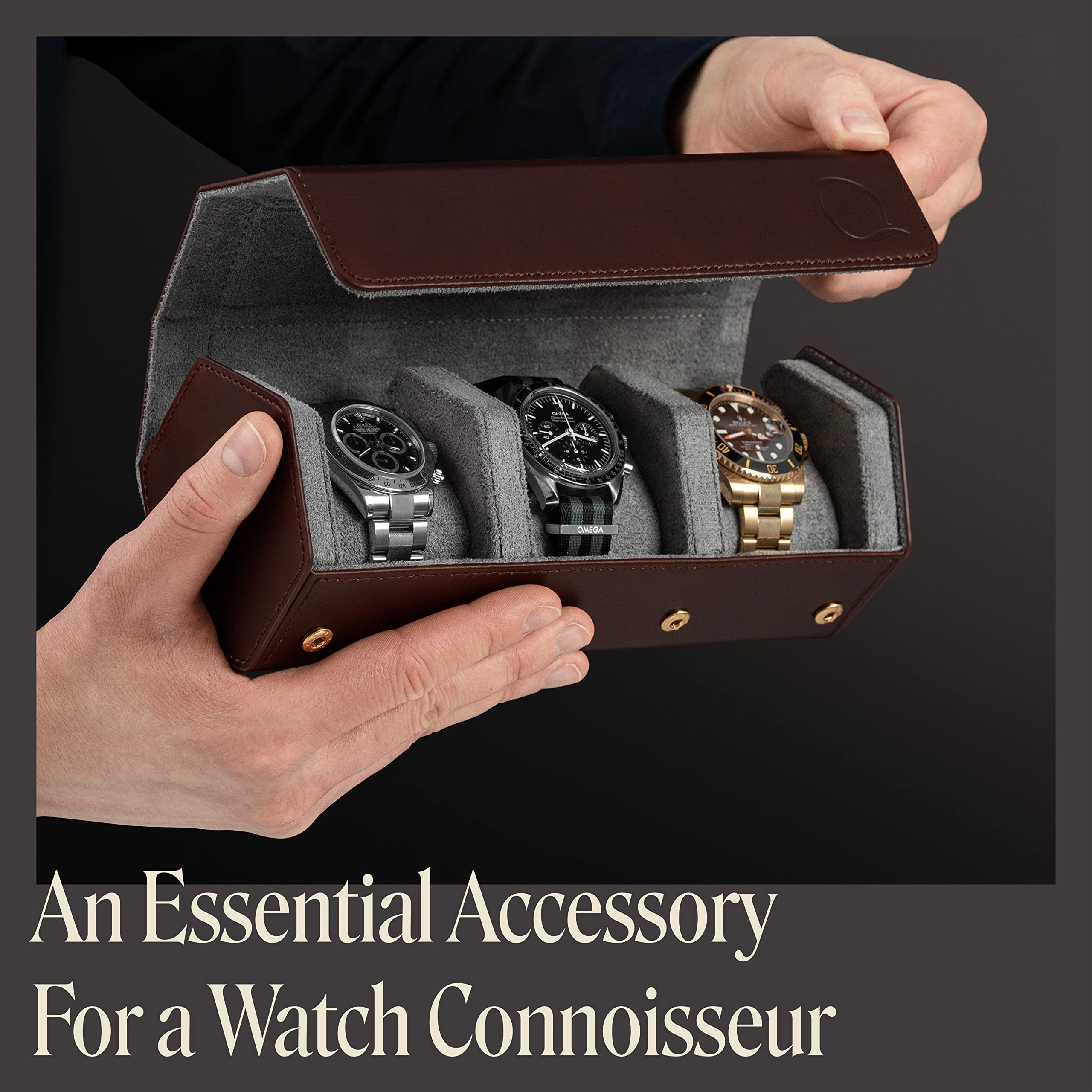QWATCHBANDS Estuche de viaje de cuero para 3 relojes, marrón/gris