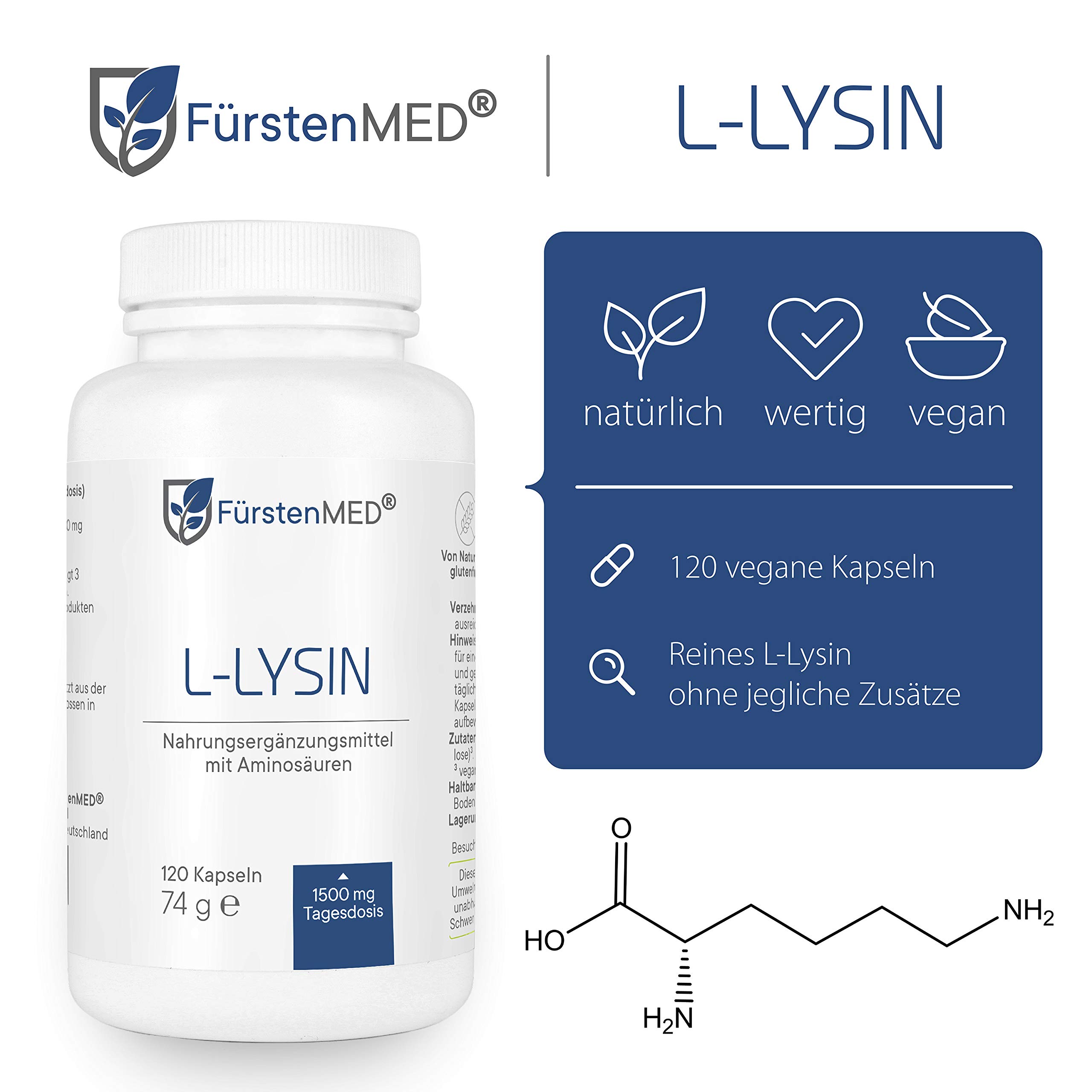 FürstenMED® L-Lysin Kapseln Hochdosiert - 1500mg Pflanzlich fermentiertes L-Lysin pro Tagesdosis - 120 Kapseln, Laborgeprüft, Vegan & Ohne Zusatzstoffe
