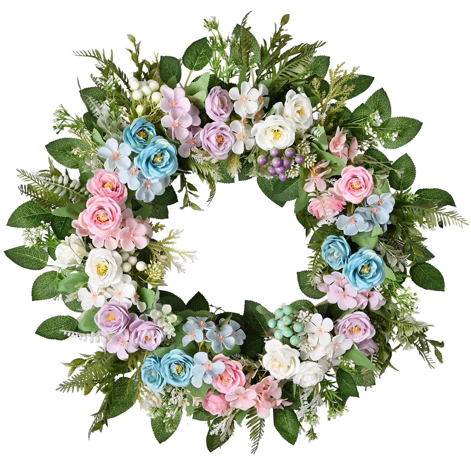 Spring Wreath, 22 Inch Handmade Summer Wreath with Multi-Color Camellias for Outdoor Front Door, Wall and Window Decor