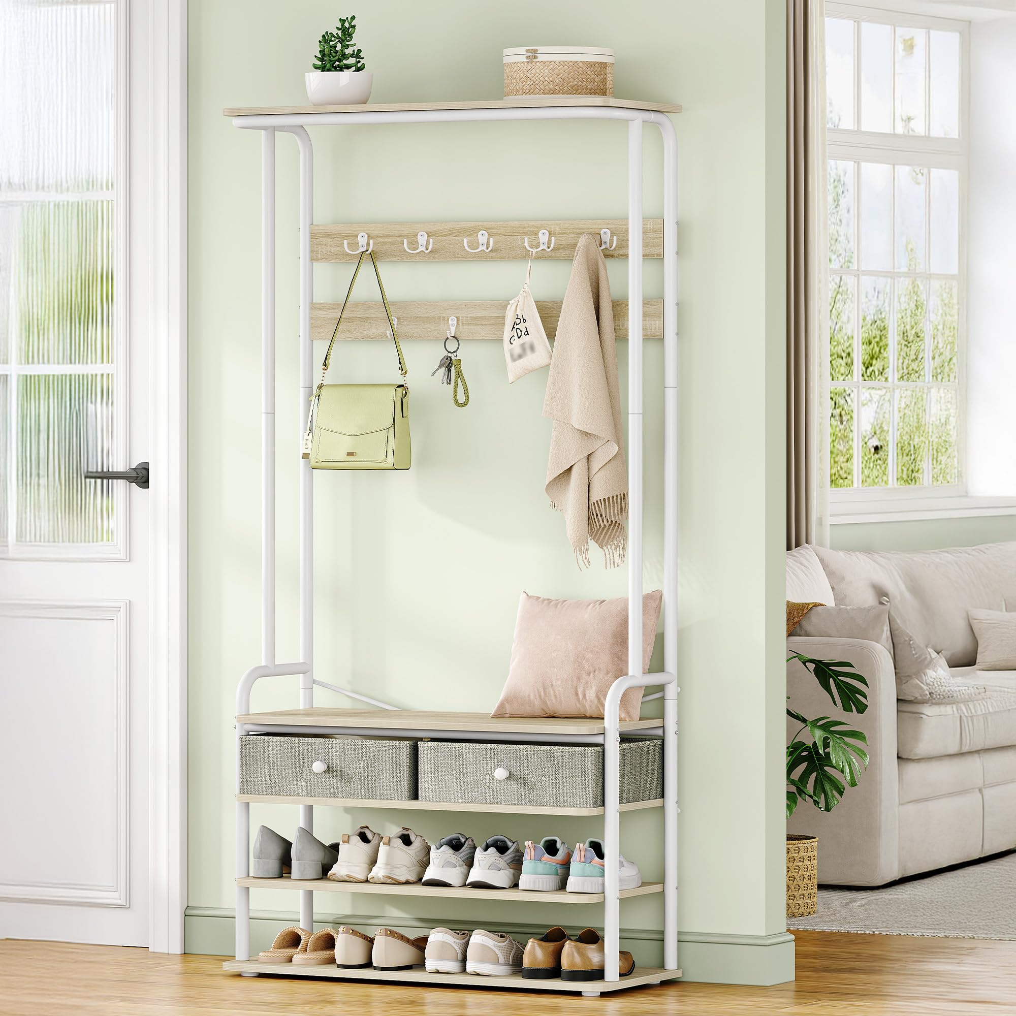 Hzuaneri Perchero con Zapatero, con 2 Cajones 9 Ganchos, Roble y Blanco | para Recibidor, Salón y Dormitorio, 32 x 80 x 180 cm, HT20116W