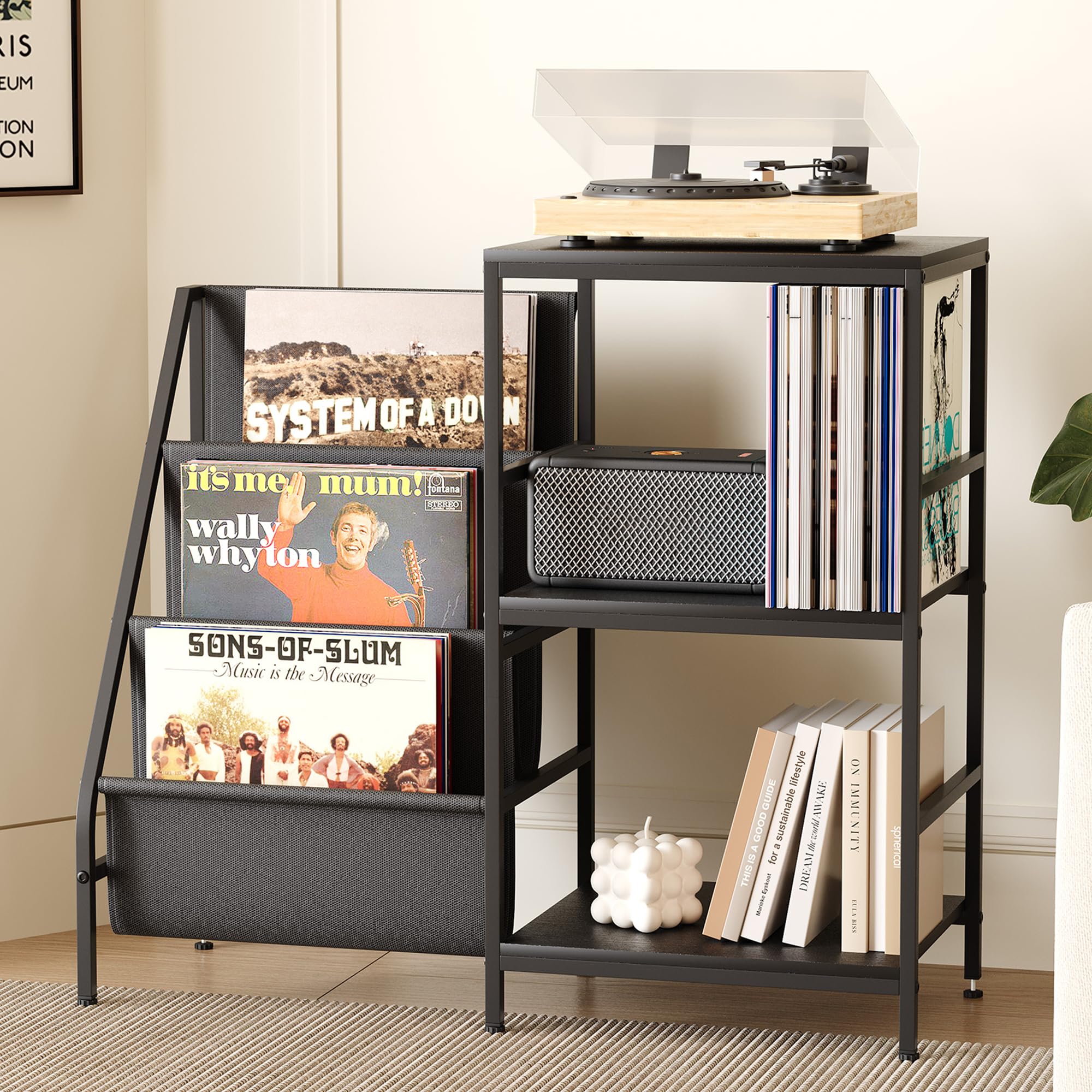 Plattenspieler-Ständer mit Schallplattenregal, Vinyl-Aufbewahrung für LPs, Mehrstufiger Schallplattenständer aus Metall, Industrie-Design für Wohnzimmer (Schwarz 2)