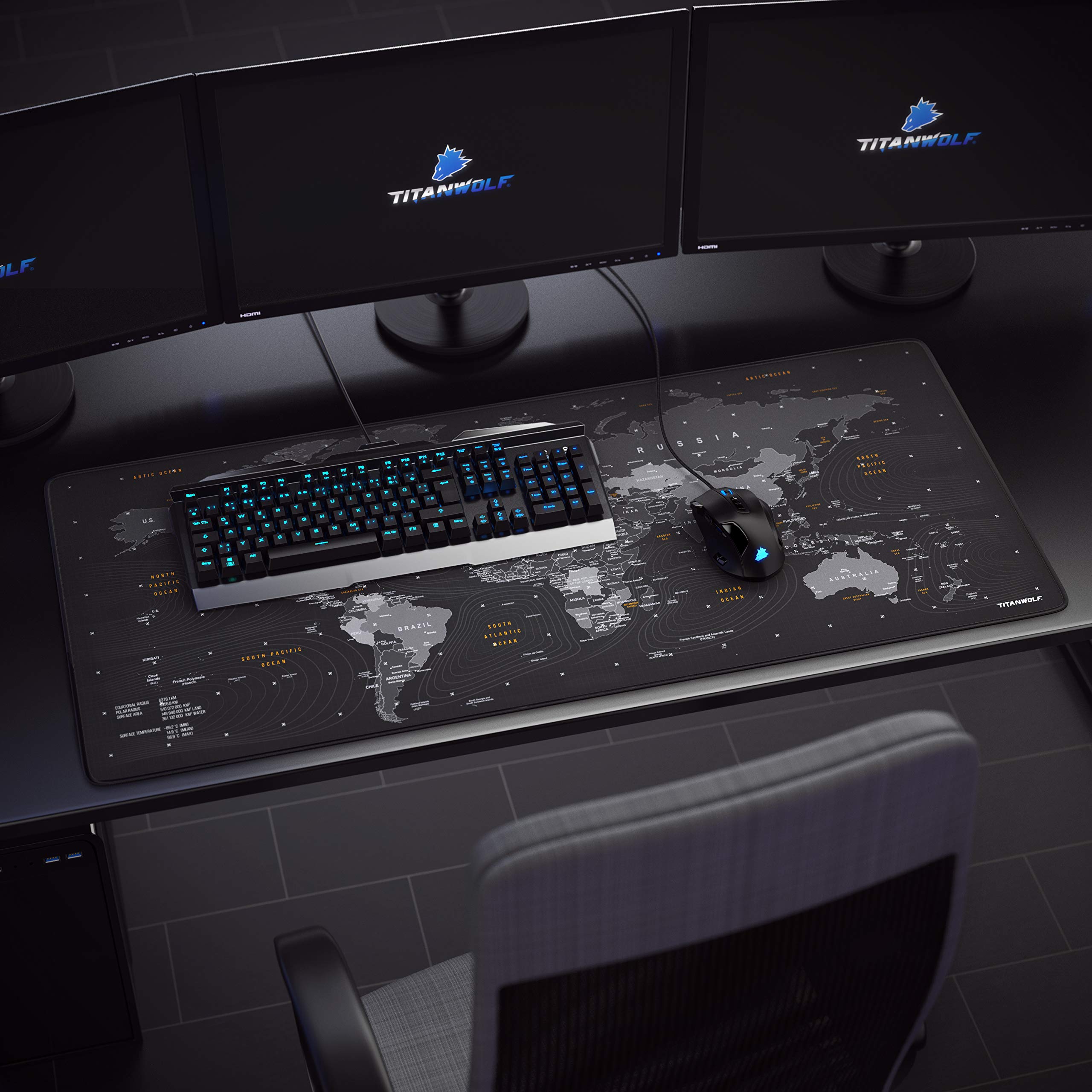 TITANWOLF XXL Tappetino per Mouse da Gioco Gaming Mousepad Extra Grande 900 x 400mm Base in Gomma Antiscivolo Spessore 3mm Nero World Map