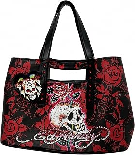 ED HARDY 블랙 & 레드 로즈 스컬 토트백, 25.4x20.3cm | 타투 프린트, 라인스톤 장식, 레드 스터드 악센트, 하트 참 키체인, 숄더 핸드백