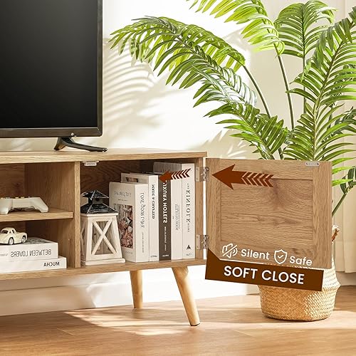 Miniatura 5 de Iwell Soporte de TV bohemio de ratán para TV de 55, 65, 70 pulgadas, consola de TV grande, centro de entretenimiento con estante ajustable y 2