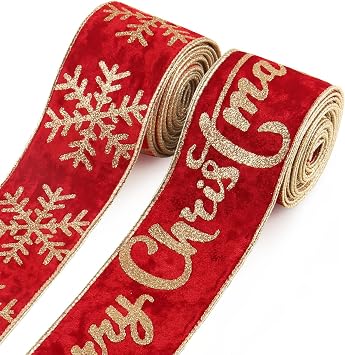 2 Rolls 2.5x 10 Yards Christmas Tree Ribbon for Crafts Wreath Bows Gift Wrapping Velvet Red Ribbons Snowflake Ribbon for Christmas Party Home Decoration
