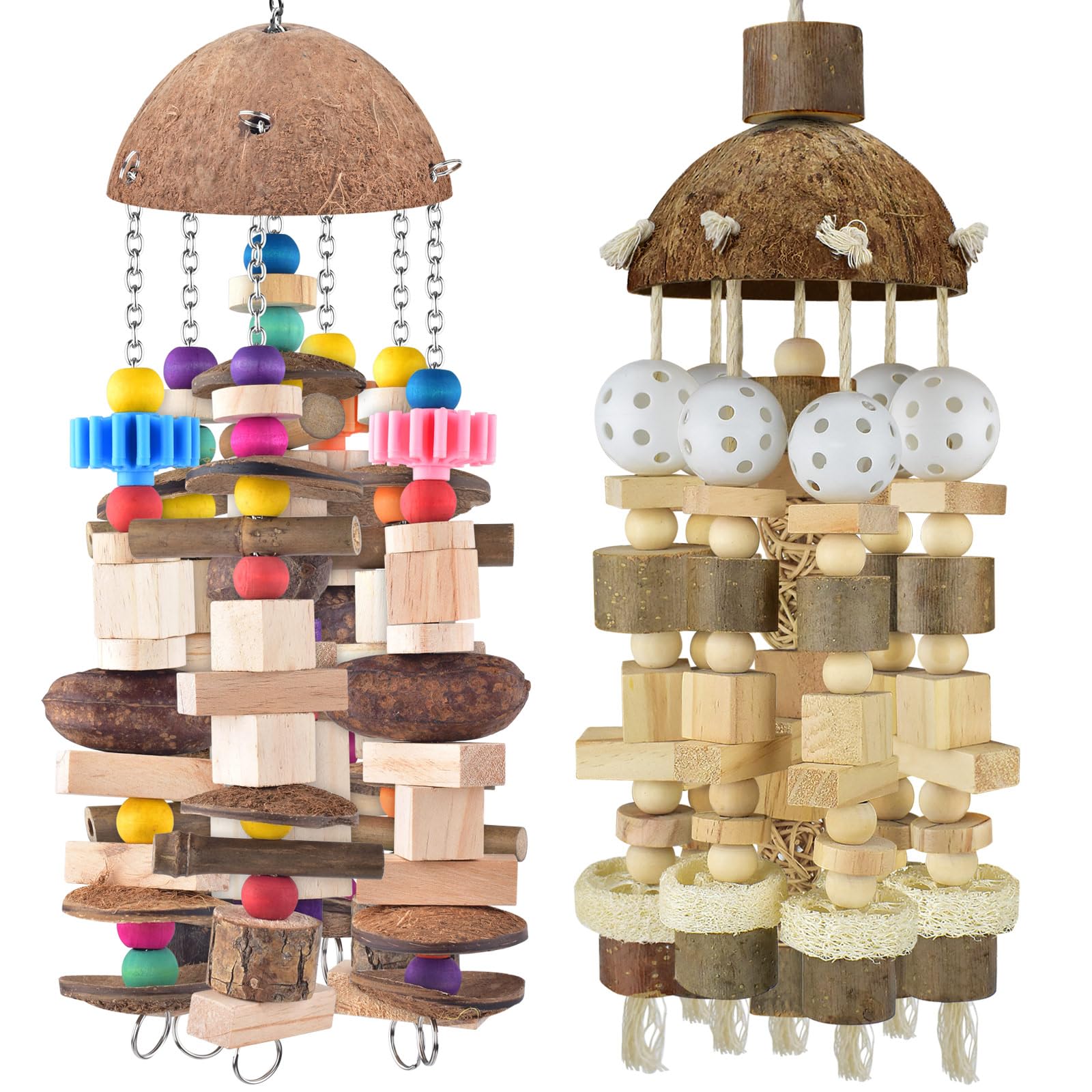 KATUMO Bird Toys, 2PCS Large Wooden Blocks & Coconut Shell Chew Toys for African Grey Cockatoo Amazon Parrots and Medium to Large Birds