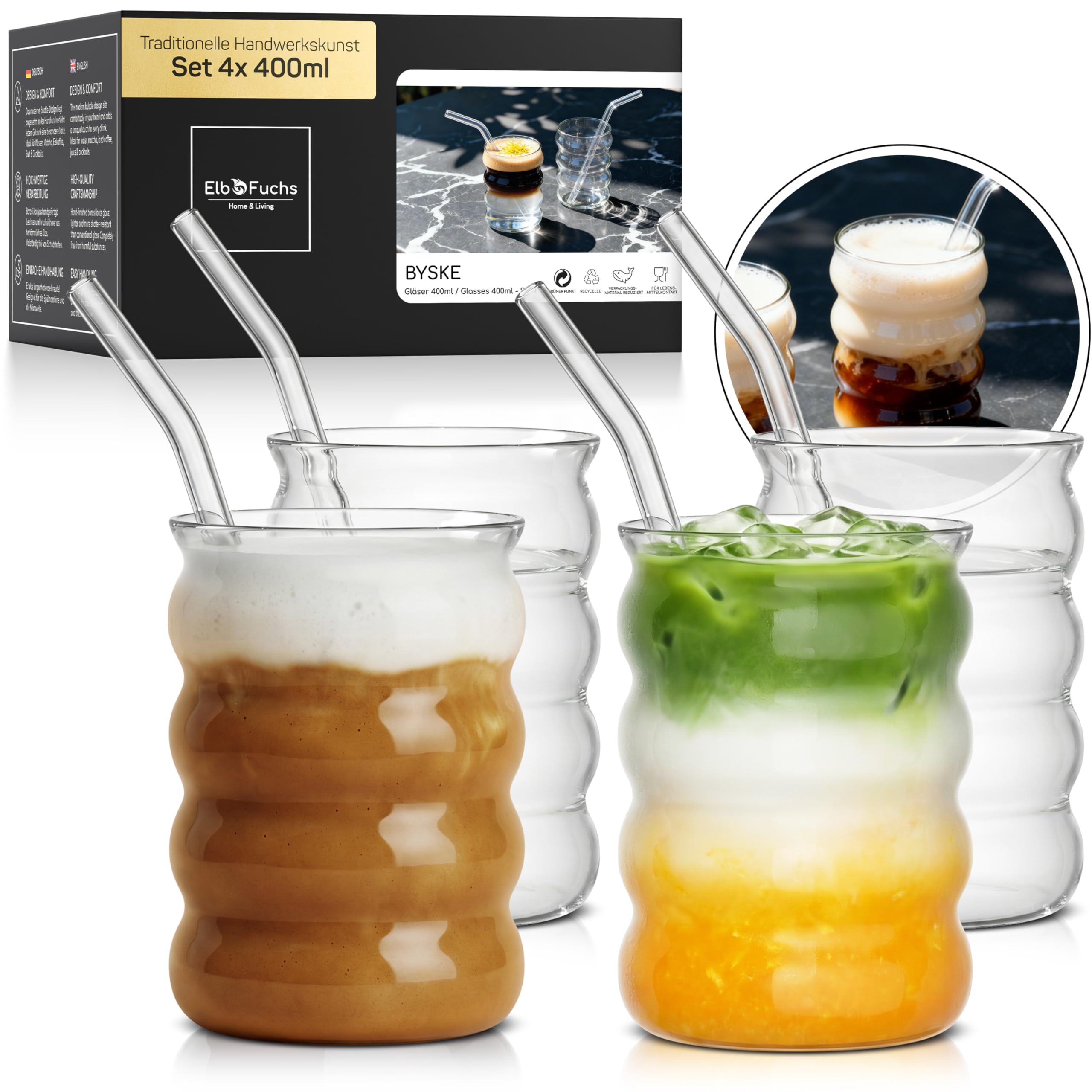 ElbFuchs Matcha Gläser 4er Set 400 ml - Bubble Gläser mit Glasstrohhalmen aus Borosilikatglas, ästhetische Trinkgläser als Latte Macchiato- & Eiskaffee- und Cocktailgläser
