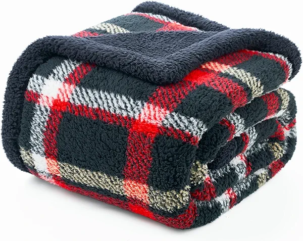 Cozy Bliss Luxury Sherpa Throw, Premium Reversible Buffalo Plaid Blanket for Home and Gifts (Scotland Plaid Red, 50" x 60")