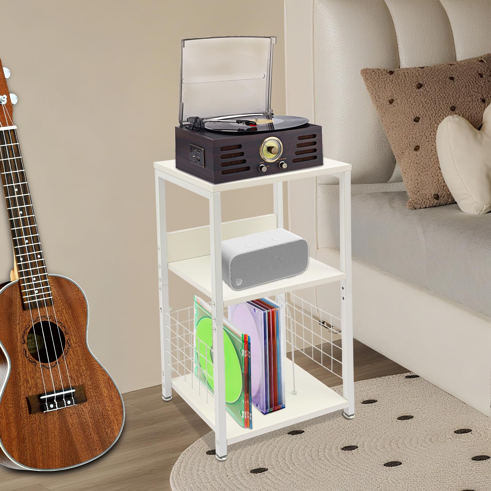 Treeisland Scaffale per dischi a 3 ripiani, bianco, per dischi e giradischi | Contenitore in vinile con divisori, portata 45 kg, autoportante, per ufficio e soggiorno