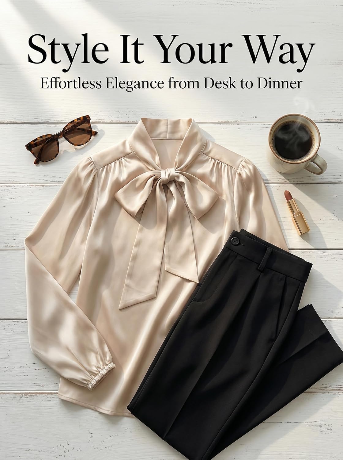 CUPSHE Women's Blouses Long Sleeve Satin Shirts Bow Tie High Neck Tops Dressy Casual - Image 7