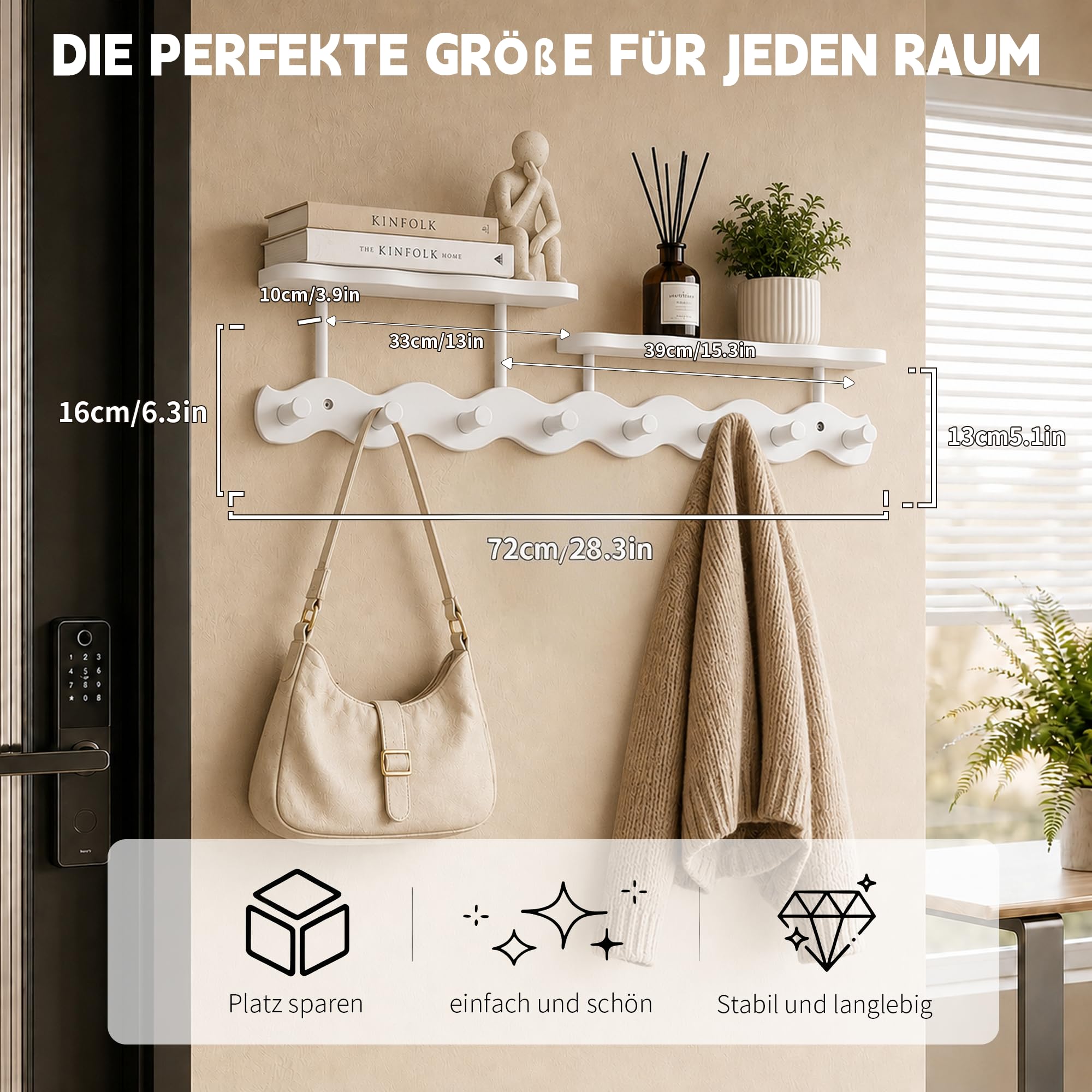 Wandgarderobe mit Ablage, Wandgarderobe, garderobenleiste weiß, Garderobenleiste mit 8 Haken für Flure, Hakenleiste Garderobe für Eingang, Flur, Wohnzimmer und Schlafzimmer (72cm)