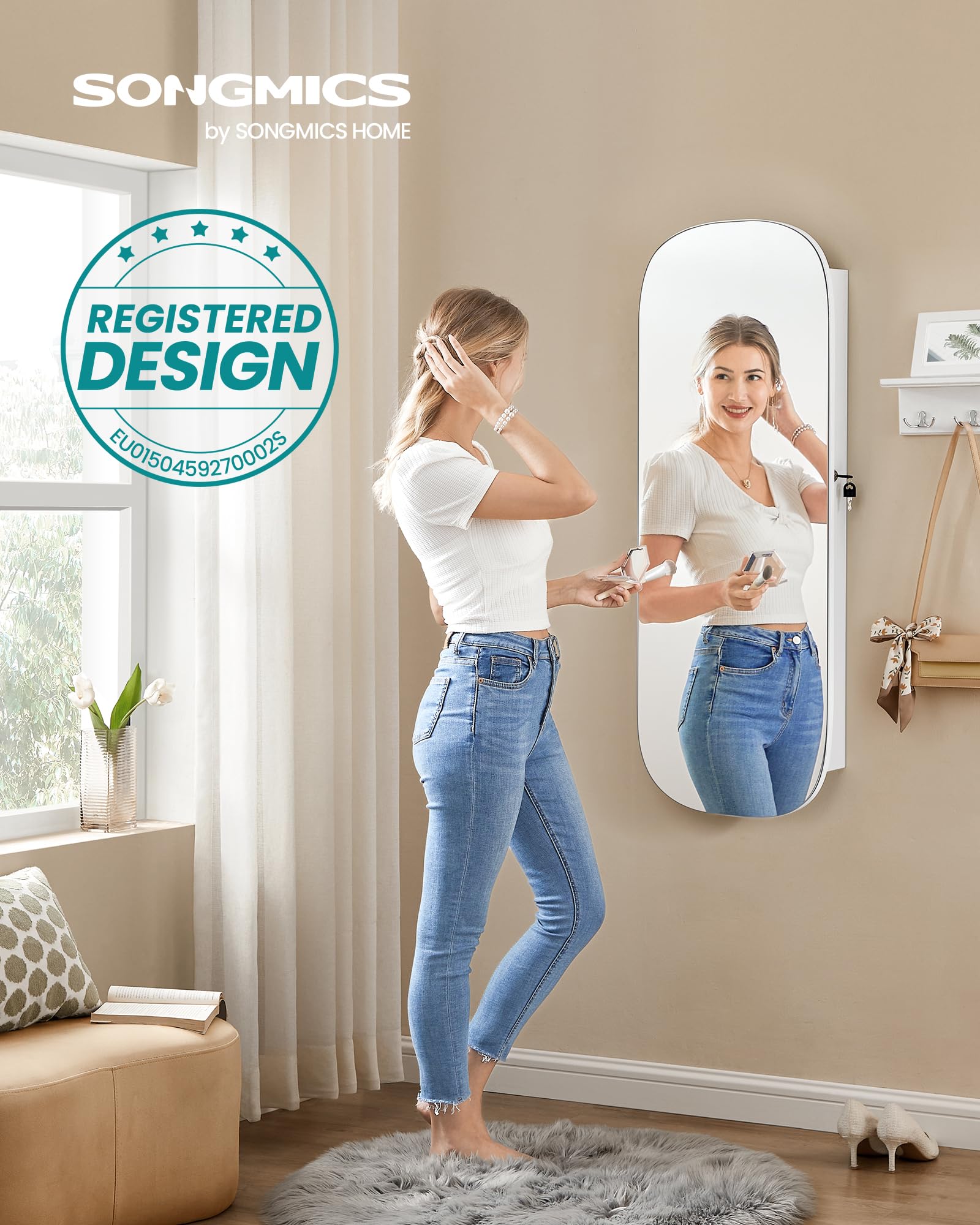 SONGMICS Armario para Joyas, Espejo Joyero de Pared, Organizador con Luz LED y Cerradura, Varios Compartimentos, para Pendiente, Collar, Superficie Blanca y Forro Gris Beige JJC026W01
