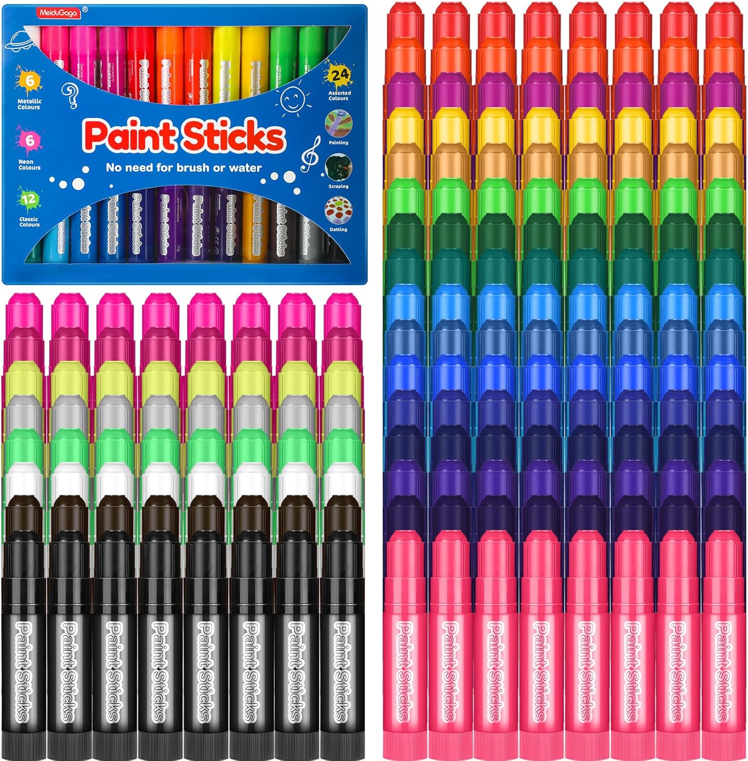 Fulmoon 192 Pcs Tempera Paint Sticks for Kids 24 Colors Washable Quick Drying Paint Sticks Bulk Crayons for Children Art Supplies Paper Wood Glass Rock Poster Canvas 8 Sets