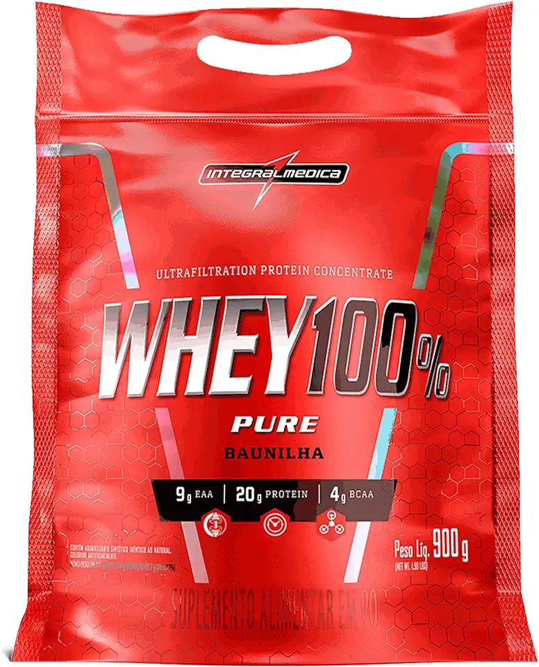 Integralmédica - Whey Protein Concentrado Baunilha 100% Pure - 20g de Proteína por Scoop, Suplementação Alimentar Pós-Treino, Fórmula Enriquecida com BCAAs - 900g