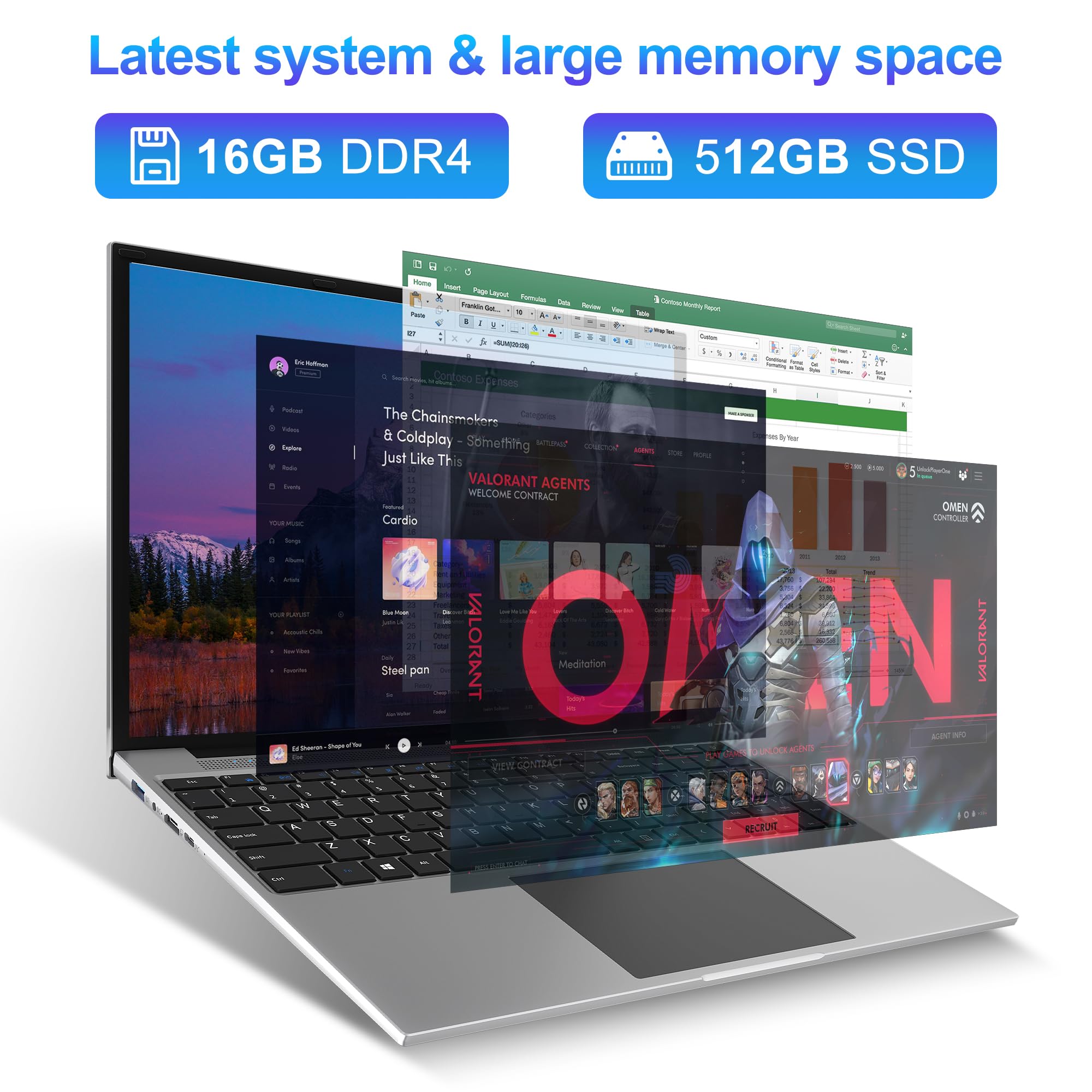 jumper Computer portatile 16 pollici FHD, 16 GB RAM 512 GB SSD Celeron PC portatile, 4M Cache, fino a 3.4 GHz, 1920 x 1200 IPS, 2.4 G+5G WiFi, Bluetooth4.0, USB 3.0 × 2, grigio Laptop