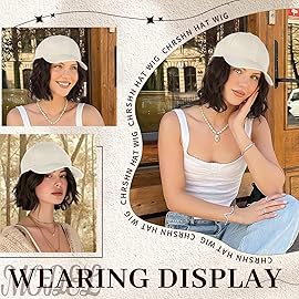 CHRSHN Hat Wigs for Women Baseball Cap With Hair Extensions Synthetic Short Straight Bob Hats with Hair Attached for Women Adjustable Hat Wig for Daily Use (Brown Black)