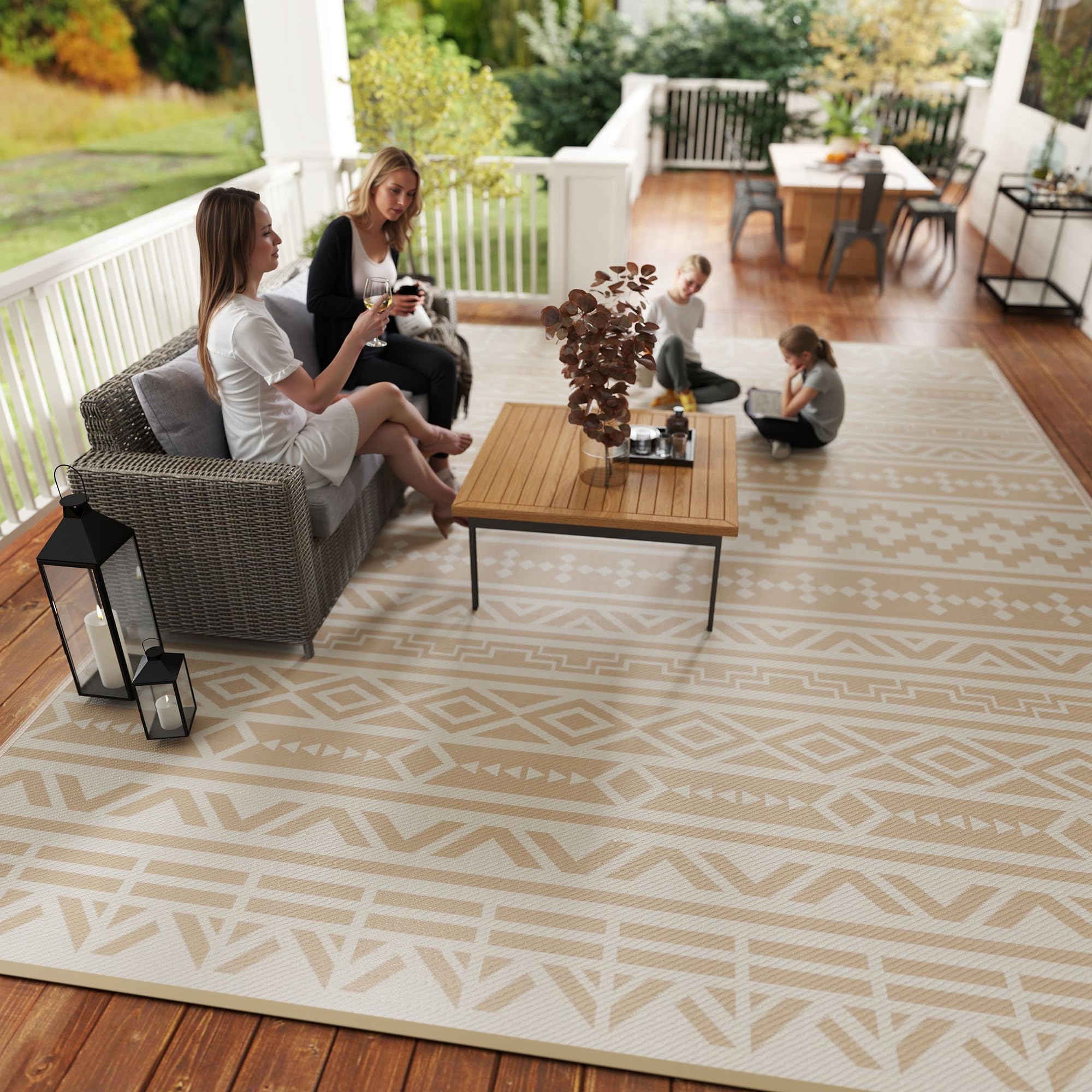 Outsunny Tapis d'extérieur réversible 3,7 x 2,7 m, Tapis de Sol au Motif Mur géométrique en PP résistant aux intempéries, Sac de Transport Inclus, Tapis extérieur terrasse, Kaki et Beige Clair