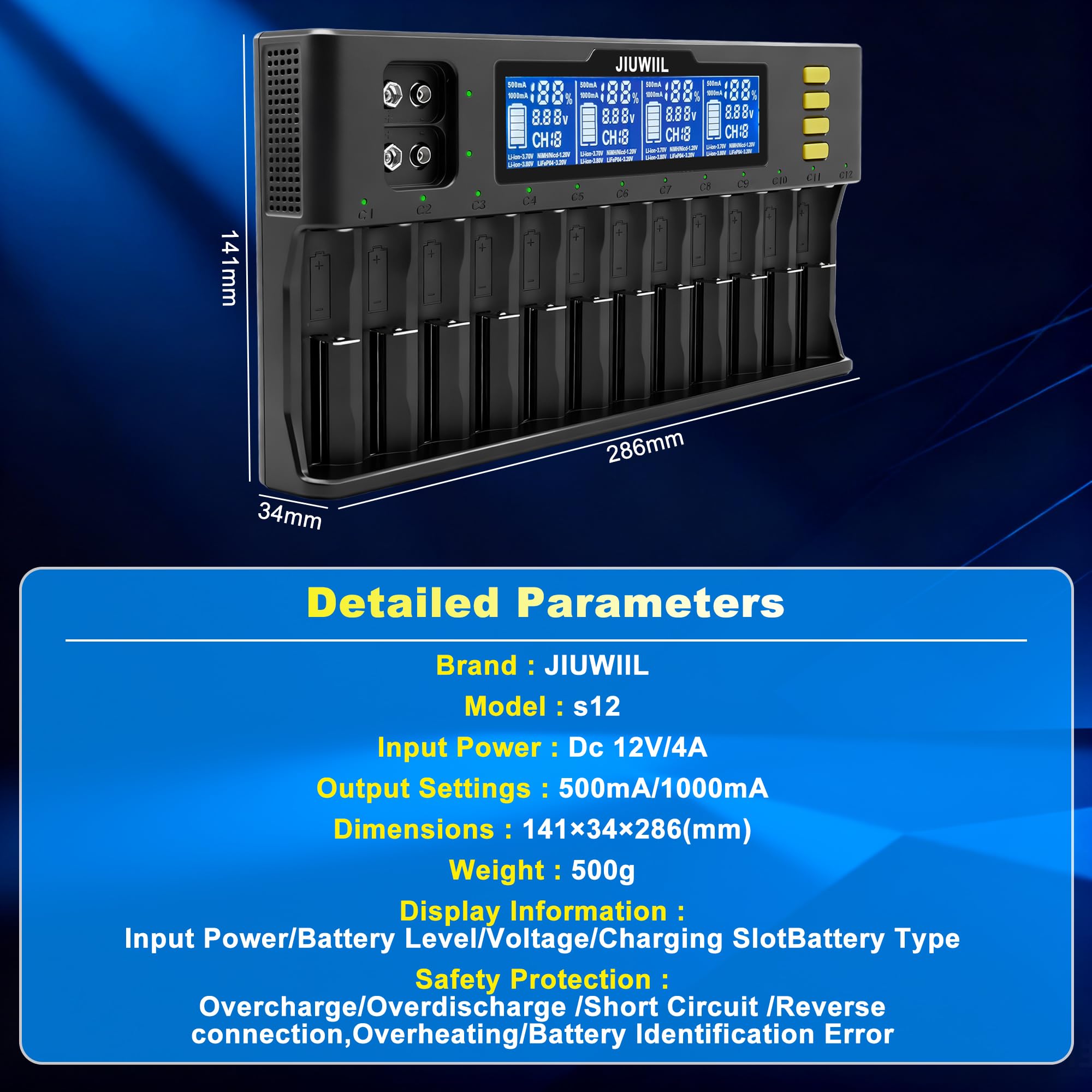 Caricabatterie 18650, JIUWIIL 12+2 slot Caricabatterie universale a ricarica rapida con display LCD per batterie ricaricabili Li-ion LiFePO4 RCR123 18650 26650 10440 14500 & 9V