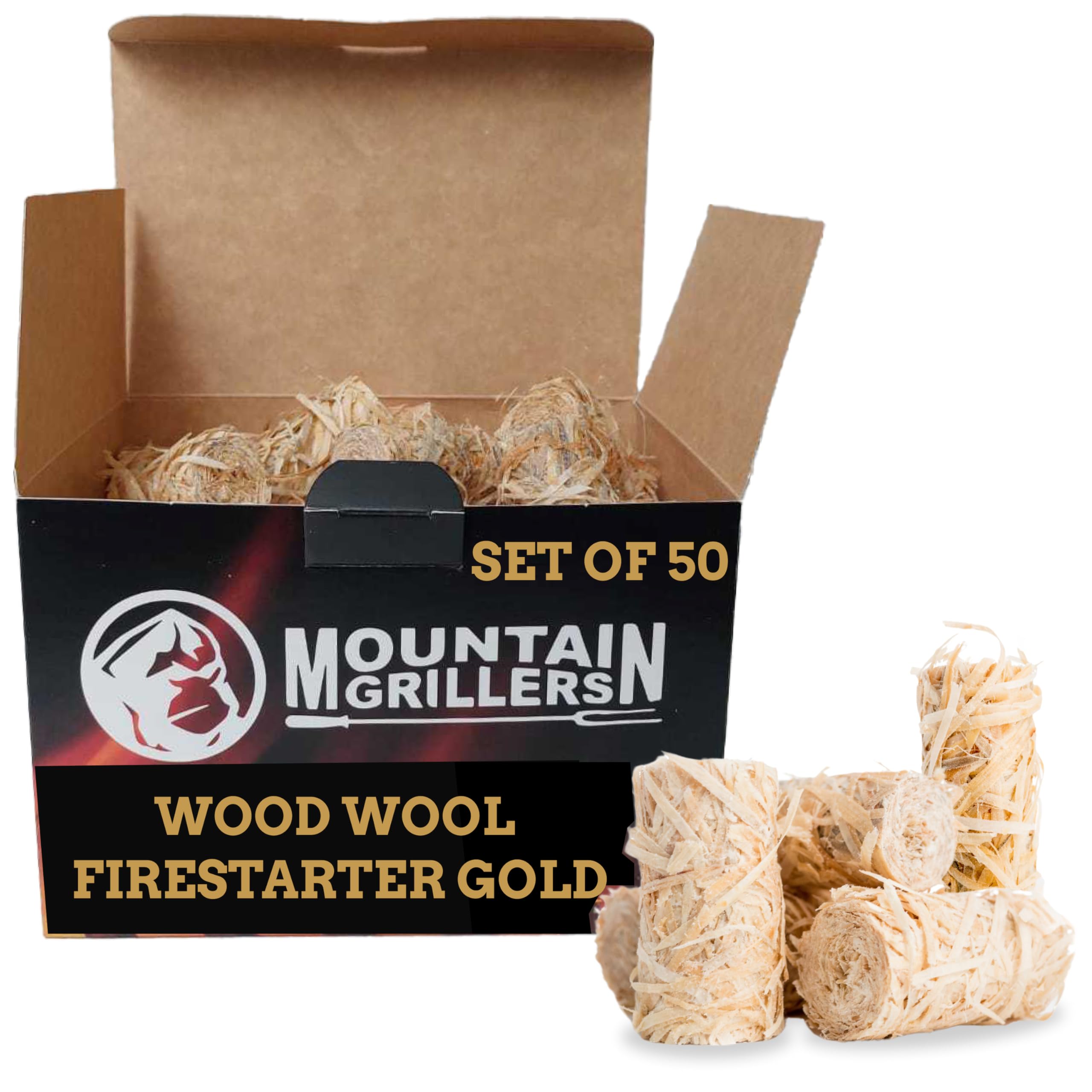 Mountain Grillers Firestarters 50 pcs | Natural Fire Starters for Fireplace Wood Stove, Campfires Fire Pit BBQ Chimney Pizza Oven | All Weather Charcoal Starters Waterproof Indoor/Outdoor Eco Friendly