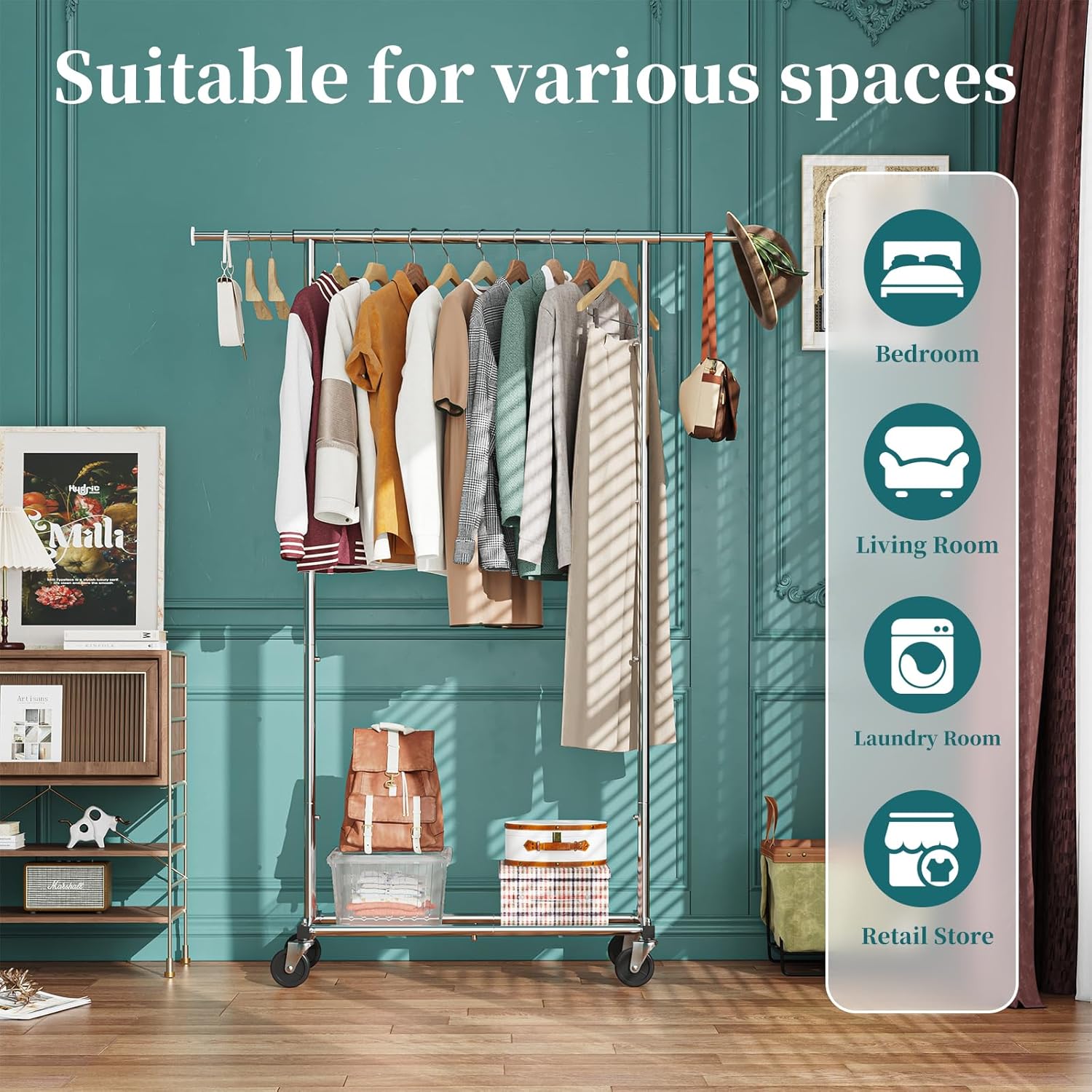 Simple Trending Standard Rod Clothing Garment Rack, Rolling Clothes Organizer on Wheels for Hanging Clothes, Chrome