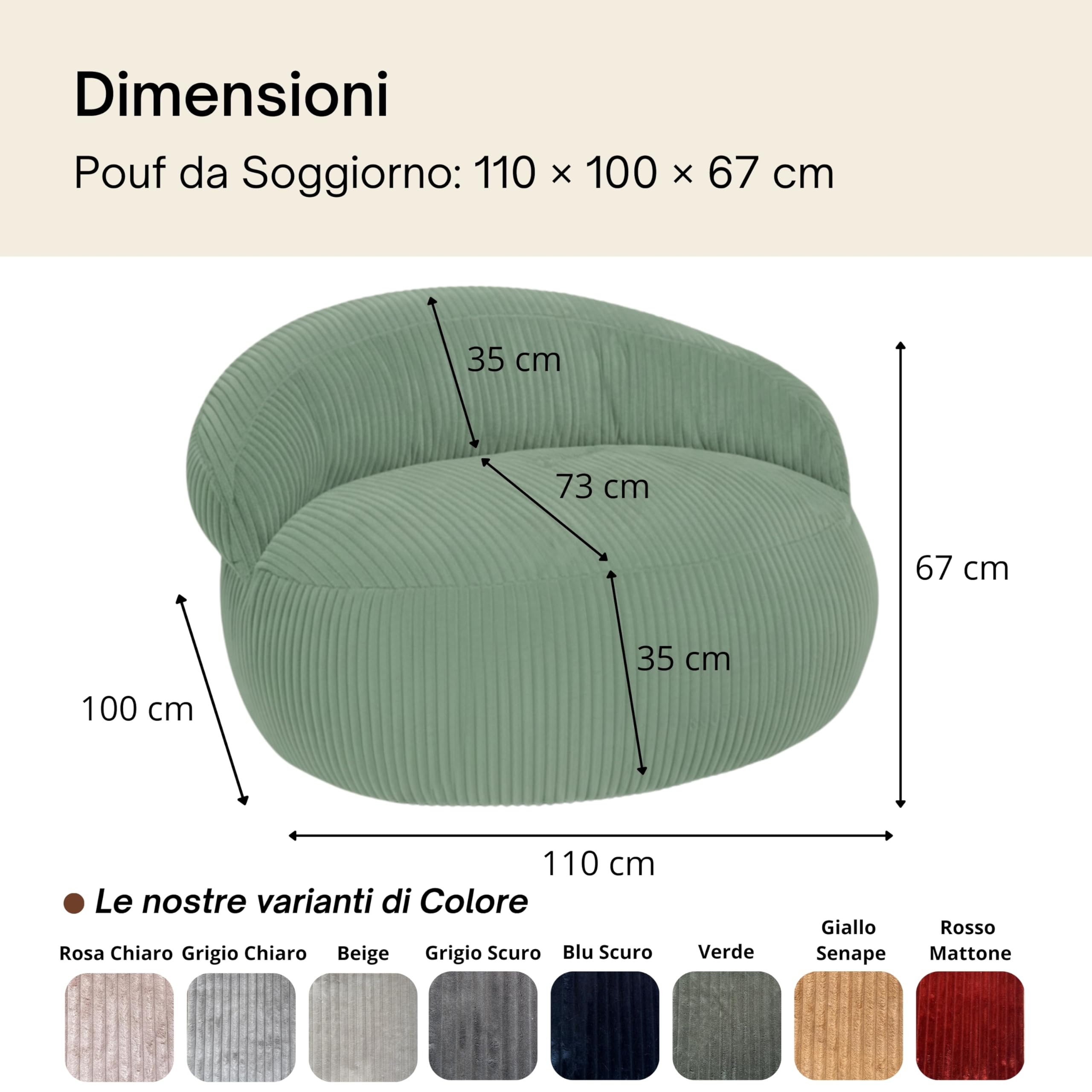 bananair – Pouf Poltrona Soggiorno e Camera in Velluto a Coste - Pouf Gigante XXL Morbido ed Elegante - Rivestimento lavabile in lavatrice - Ideale per Adulti, Adolescenti (110 × 100 cm, Verde)