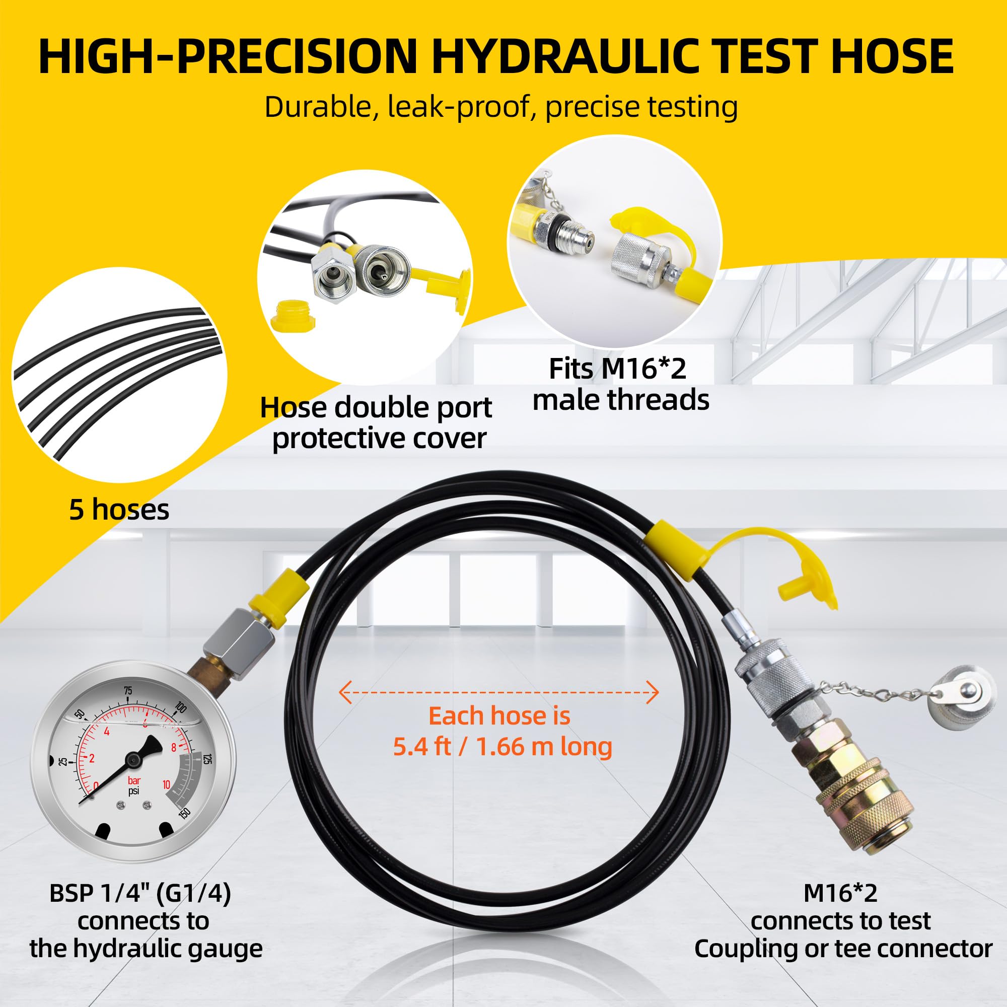 Kit de prueba de presión hidráulica con manómetros, 10/100/250/400/600bar, 5 calibres, 13 acoplamientos de prueba, 14 conectores en T, 5 mangueras de prueba