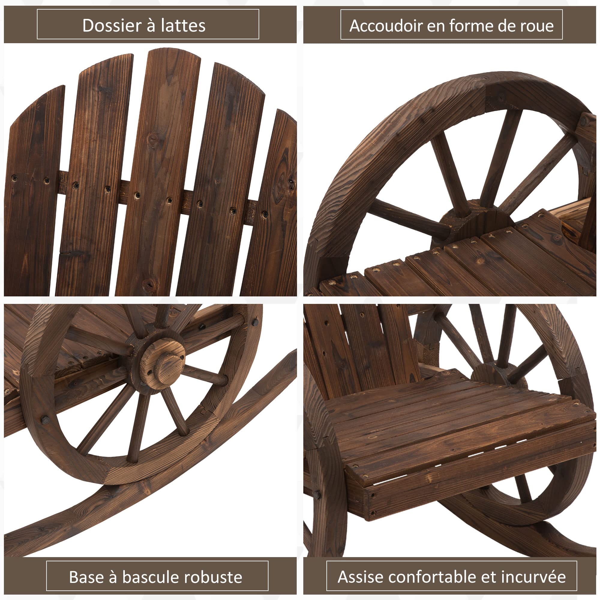 Outsunny Fauteuil de Jardin Adirondack à Bascule Rocking Chair Style Rustique Chic accoudoirs Roues Charette Bois Sapin traité carbonisation