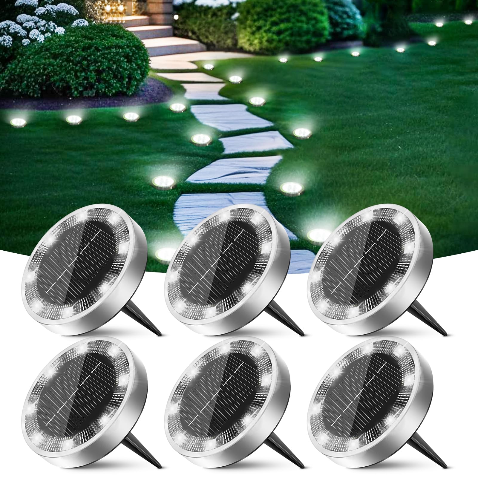 Peasur Solar Ground Lights Outdoor, 6 Pack Flat Solar Powered Disc Lights, IP68 Waterproof, Anti-Rust, Landscape Lighting for Pathway Garden Yard Lawn Walkway Landscape Driveway, Mini, Cool White