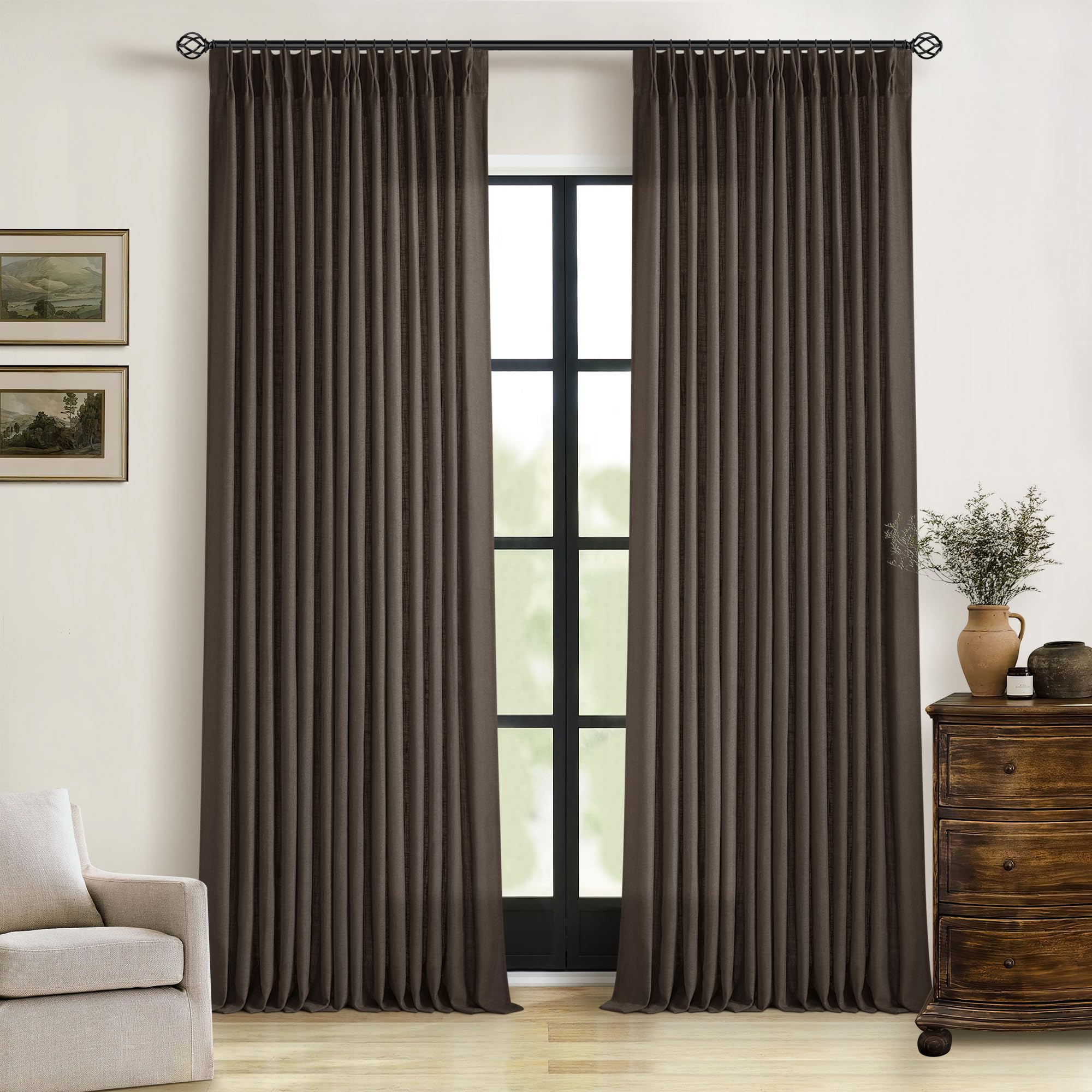 Dark Chocolate 120 Inch Pinch Pleated Semi Sheer Linen Curtains 2 Panels — image 1