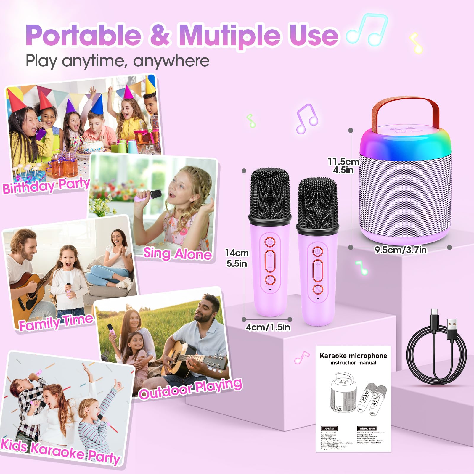 Karaoke 2 Microfonos Inalambricos, Gralal Regalo Niña 3-12 Años Micrófono Inalámbrico Juguetes Niña 4 5 6 7 8 9 10 11 Años Microfono Karaoke Infantil Microphone Regalo Navidad