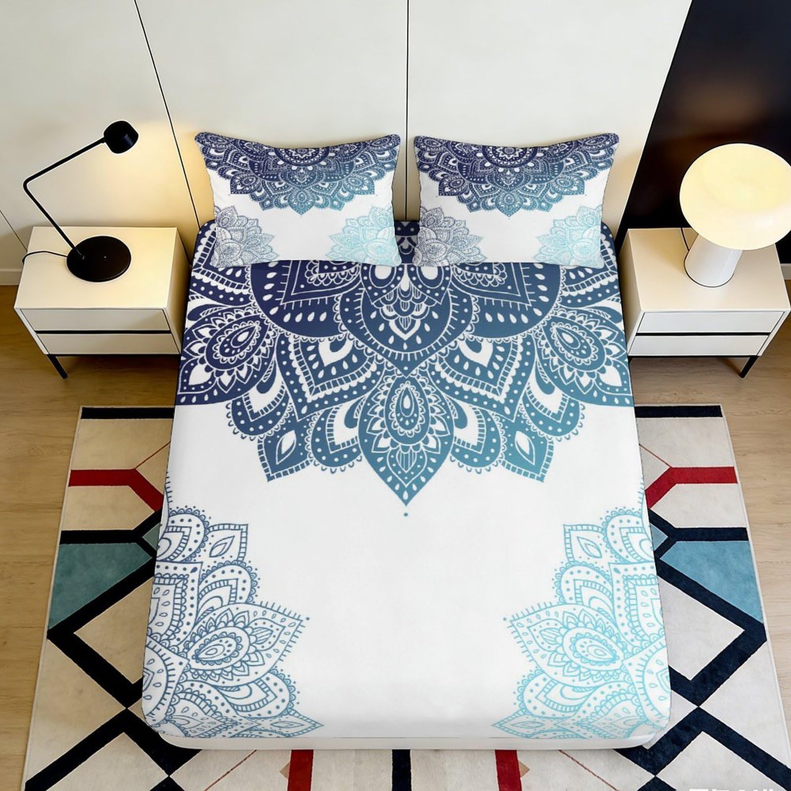 3D Printed Blue Mandala Fitted Sheet Microfiber Soft Breathable Lotus Pattern Mattress Cover for Bedroom Guest Room Decor 90x200x25cm