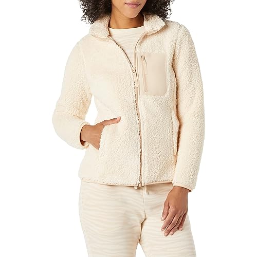 Amazon Essentials Women's Sherpa Long-Sleeve Mock Neck Full-Zip Jacket with Woven Trim (Available in Plus Size)
