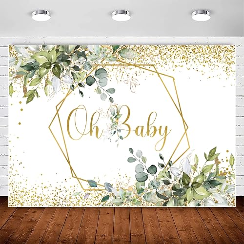 InMemory Greenery Oh Baby Baby Shower Backdrop Glitter Gold Eucalyptus Neutral Baby Shower Photography Background Green Leaves Boy Girl Newborn Oh Baby Gender Party Decoration Photo Booth Banner 7x5f