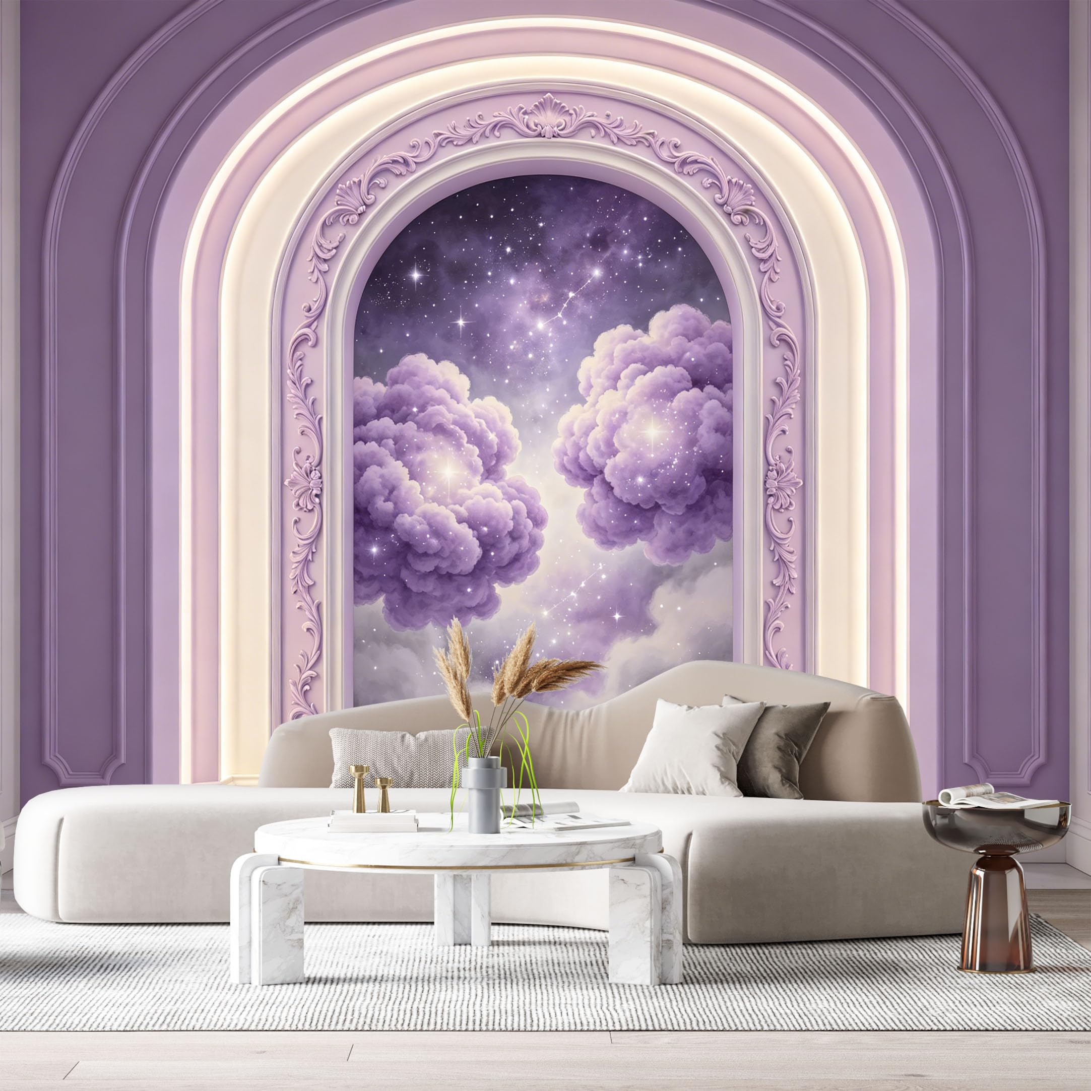 Custom Size Wall Murals Purple Arch Starry Sky Galaxy Clouds 3D Trompe L'Oeil SelfAdhesiveWall Fabric Removable Wallpaper Wall Decor for Living Room Bedroom Bathroom