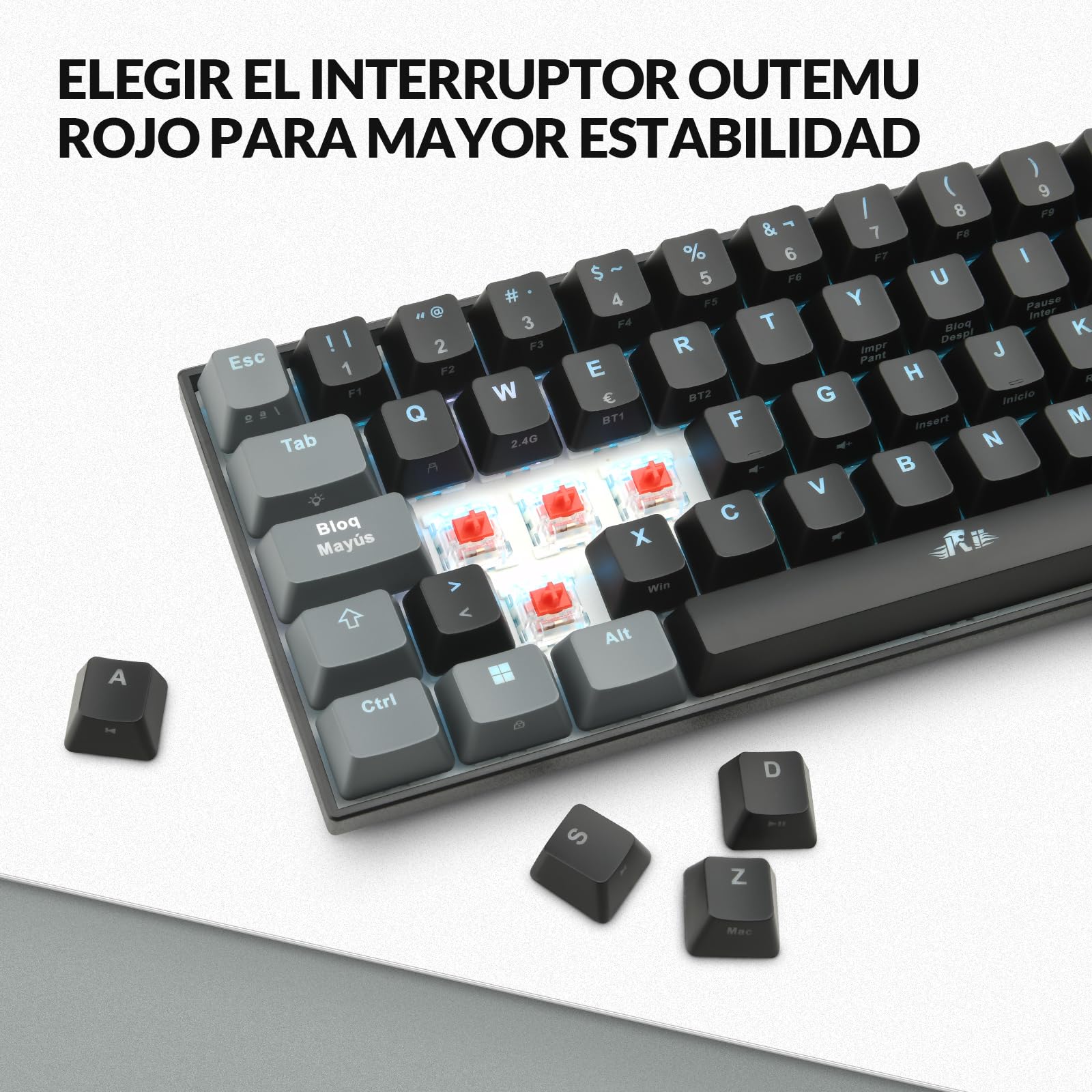 Rii RK802 Teclado Gaming Mecánico, 3 Modos de Conectividad, Retroiluminación RGB, 60% Layout Español (Interruptores Rojos)