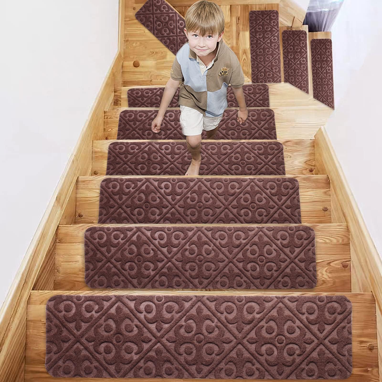 Upgraded Non-Slip Carpet Stair Treads, 15 Pack 30" X 8" Indoor Self-Adhesive Anti Moving Carpet Treads for Wooden Stairs, Stick & Beauty Rug Tread Safety Mats for Kids, Elders & Pets