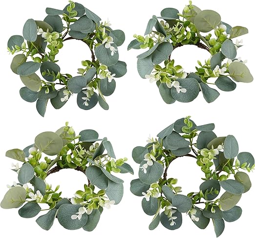 Rhytsing 4pcs Artificial Eucalyptus Leaves Candle Rings, Wreaths of Pillar Candles for Wedding and Home Decoration, Green Candlestick Holders for Spring and Summer - Inner Diameter: 3.5"