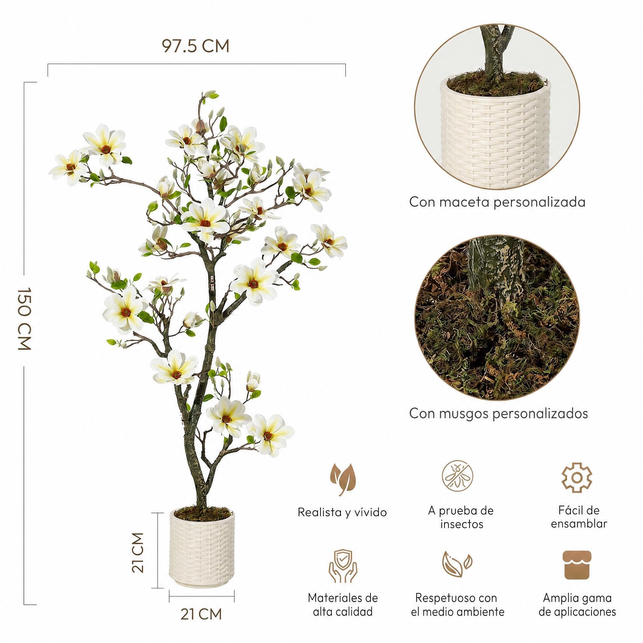 Garvee Árbol Artificial de Magnolia 150cm, con Maceta Blanca, Plantas Artificiales Decorativas para Interior, Salón, Patio, Hogar, Oficina, Porche o Vestíbulo de Hotel, 150cm