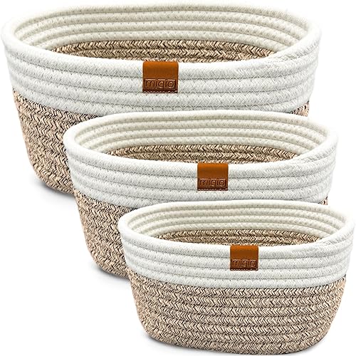 MIQIO Design - Cesta de almacenamiento de algodón de alta calidad, juego de 3, cestas de cuerda de algodón trenzadas, organizador para estantes,