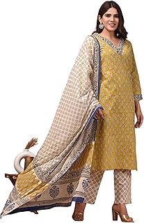 AWL Women Bagru Hand Block Printed Cotton Kurta Pant Dupatta Set | Designer 3 Piece Stitched Suit with Mulmul Cotton Dupat...