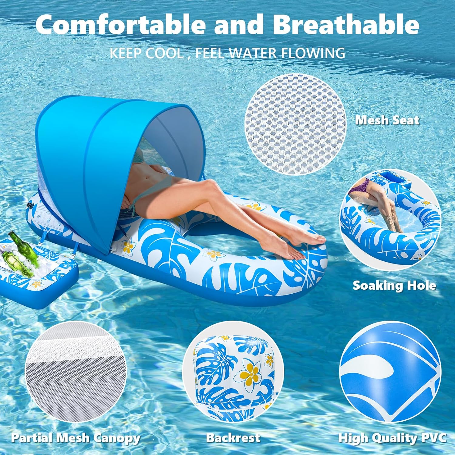 EAONE 65 x 34 in Pool Floats for Adults Heavy Duty, Large Inflatable Pool Lounger Water Floaties with Floating Ice Bucket, Drink Holder & Backrest for Pool/Lake/Beach