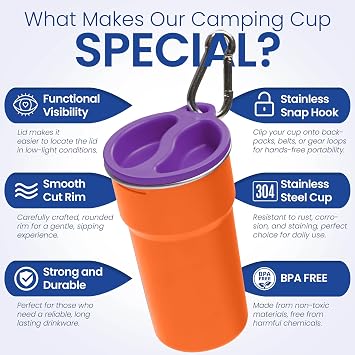 bzyoo 5-Piece High-Visibility Orange Camping Cup Set - 9oz Stackable Stainless Steel Mugs - Easy-to-Spot Nesting Drinkware with Carry Hook - Ideal for Family Camping, Scouting & Group Picnics