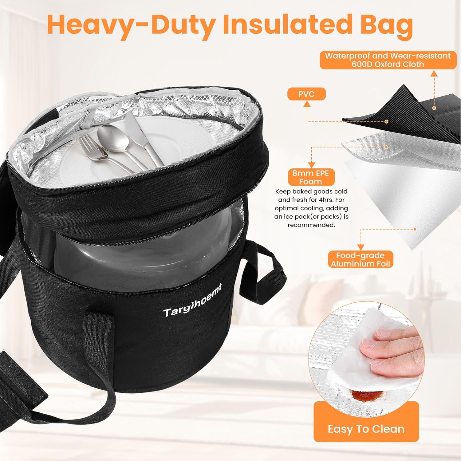 Foldable Cake Carrier with Portable Insulated Bag(Heavy-Duty), Plate Stacker and Non-slip Silicone Trivet Mats, Holds up to 8.5in High and 10in Round Cake or 2pcs 9in Pies