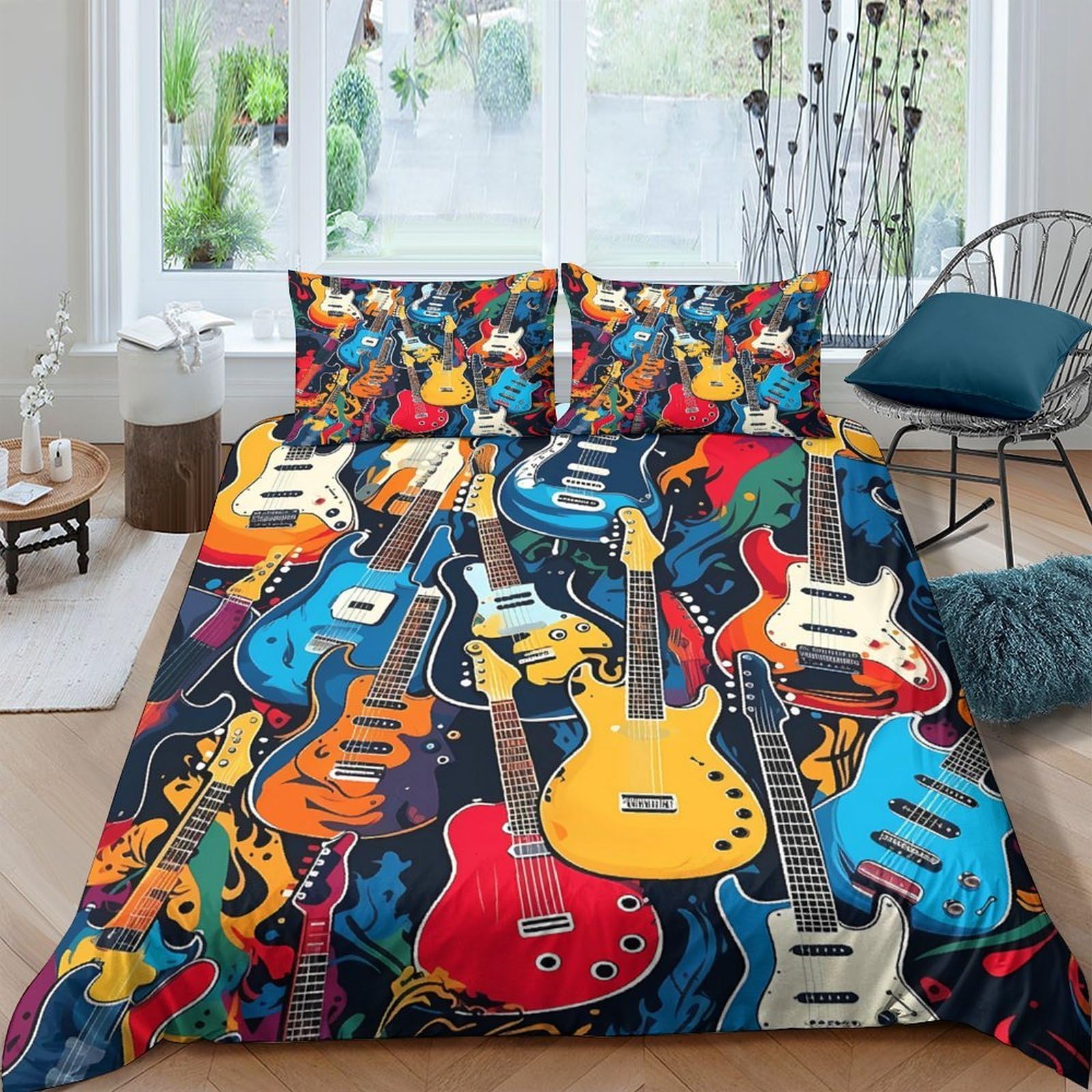 GPLZQXKJNH 3D Printed Colourful Guitar Duvet Cover Microfiber Soft Breathable Musical Instrument Bedding Set with 2 Pillowcases for Bedroom Decor Single（135x200cm）